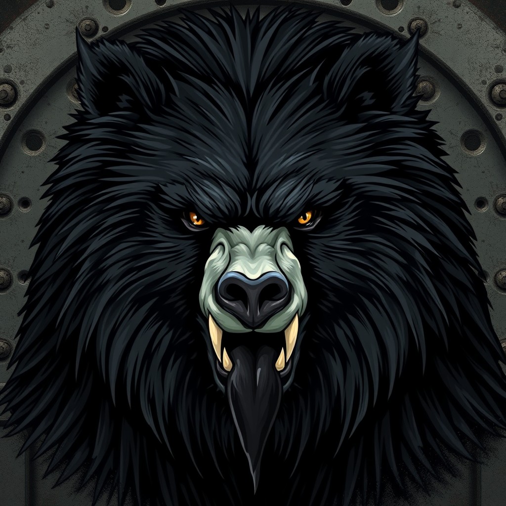 A fierce black bear with an impressive mane that resembles that of a long black lion, almost completely covering its body, giving it a majestic yet wild appearance