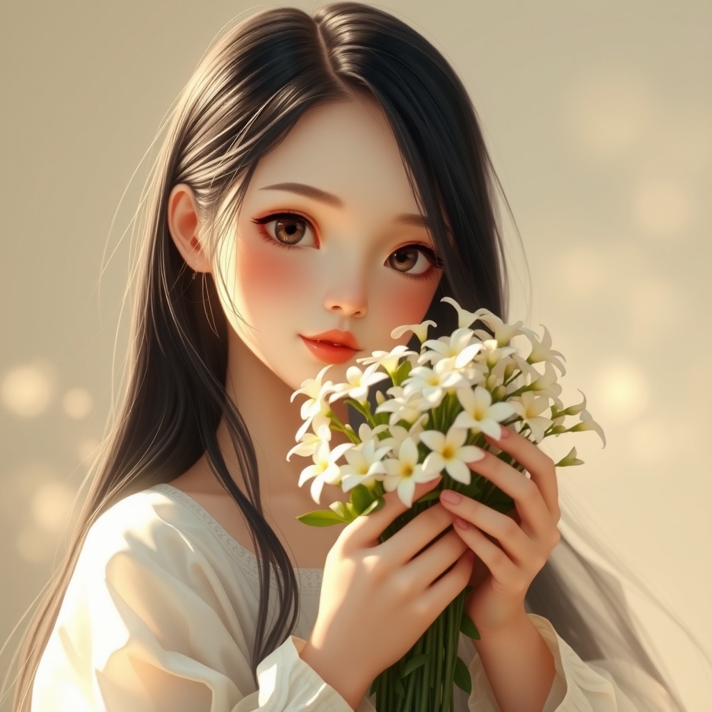 A beautiful girl with enchanting features and long black hair, holding a bouquet of jasmine flowers in her hands