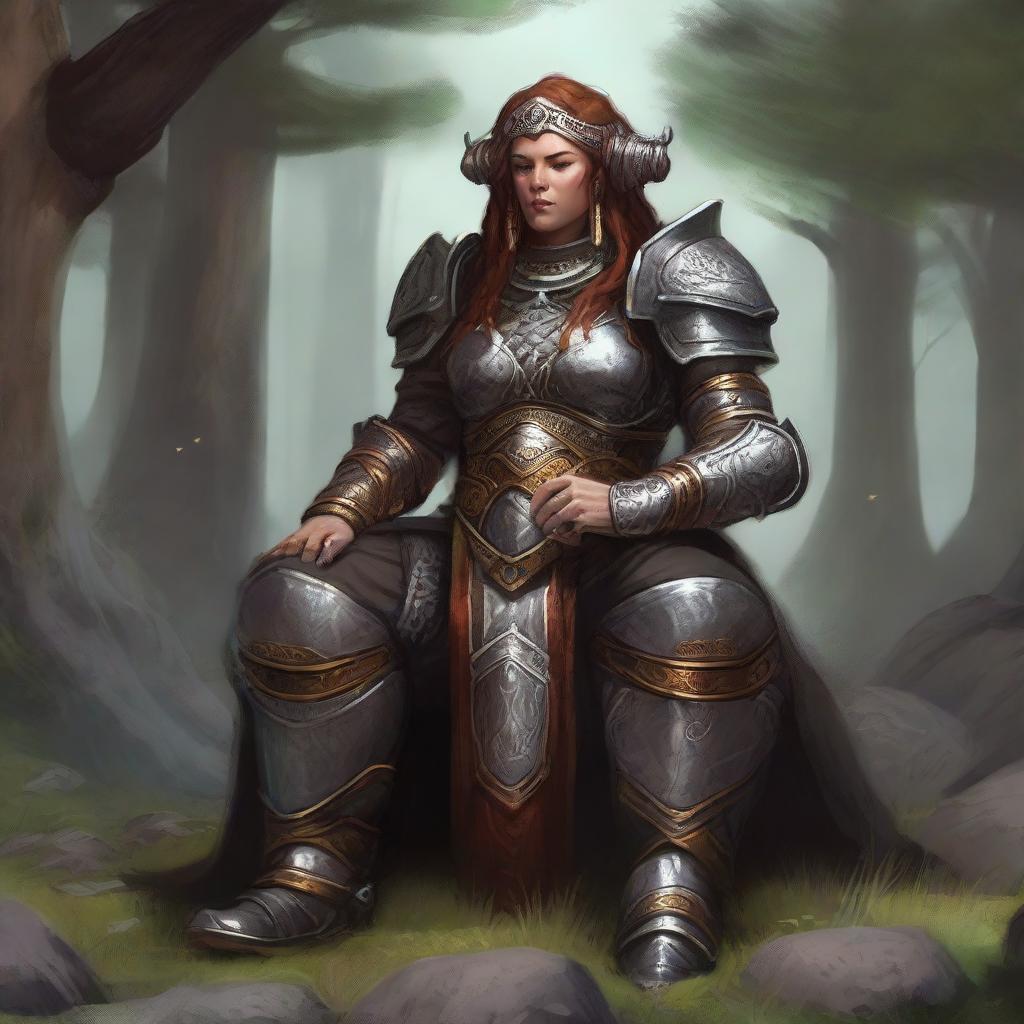 Engulfed in a serenity, a dwarven female kineticist, adorned in her impressive heavy armor, meditates. The tangible essence of circulating nature's energy surrounds her, mirroring her intrinsic connection to the natural elements.