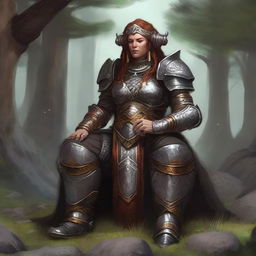 Engulfed in a serenity, a dwarven female kineticist, adorned in her impressive heavy armor, meditates. The tangible essence of circulating nature's energy surrounds her, mirroring her intrinsic connection to the natural elements.