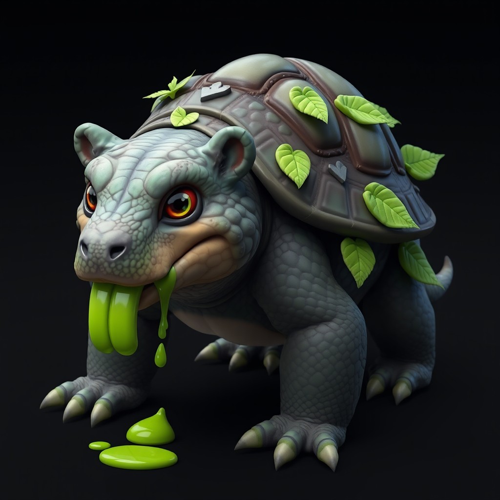 A fantastical reptile-inspired bear characterized by its scaly texture and an impressive turtle shell on its back, adorned with vibrant green leaves that enhance its natural camouflage