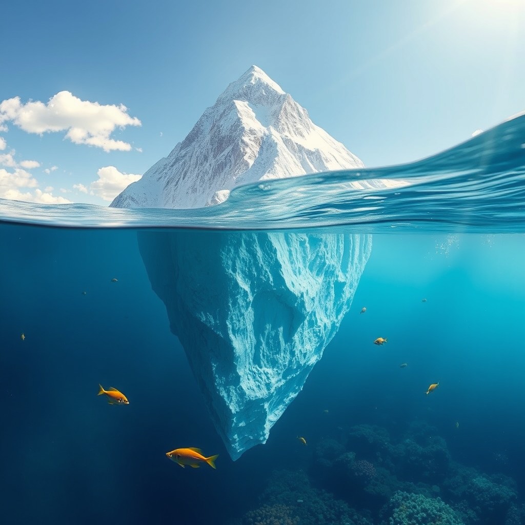 A surreal scene depicting Mount Everest submerged upside down in the ocean, with its snow-capped peak just above the water's surface