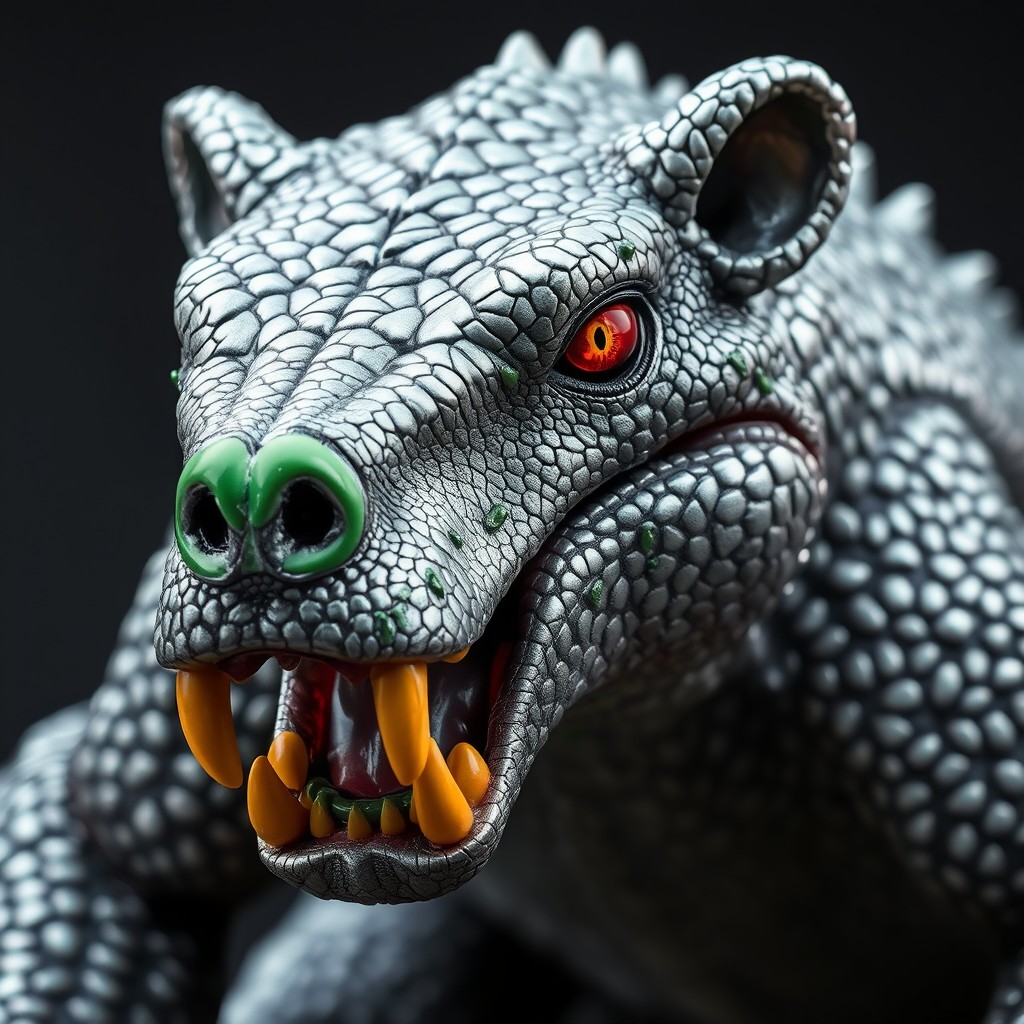 A creative reptile version of a silver bear, featuring a shimmering silver scaly texture that resembles that of a reptile