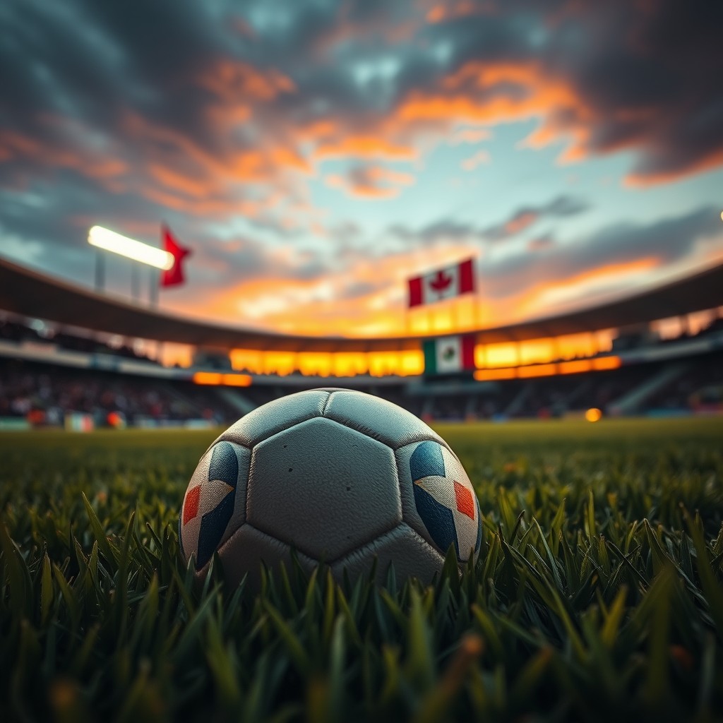 A football resting on vibrant and wet grass, with stadium lights shining in the background