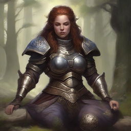 Engulfed in a serenity, a dwarven female kineticist, adorned in her impressive heavy armor, meditates. The tangible essence of circulating nature's energy surrounds her, mirroring her intrinsic connection to the natural elements.