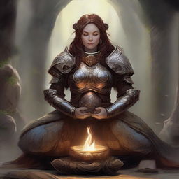 Engulfed in a serenity, a dwarven female kineticist, adorned in her impressive heavy armor, meditates. The tangible essence of circulating nature's energy surrounds her, mirroring her intrinsic connection to the natural elements.