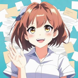 Generate an image of a delighted anime girl, her eyes gleaming with pride and her hands clapping enthusiastically for the viewer displaying an A+ exam paper.