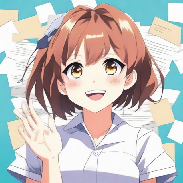 Generate an image of a delighted anime girl, her eyes gleaming with pride and her hands clapping enthusiastically for the viewer displaying an A+ exam paper.