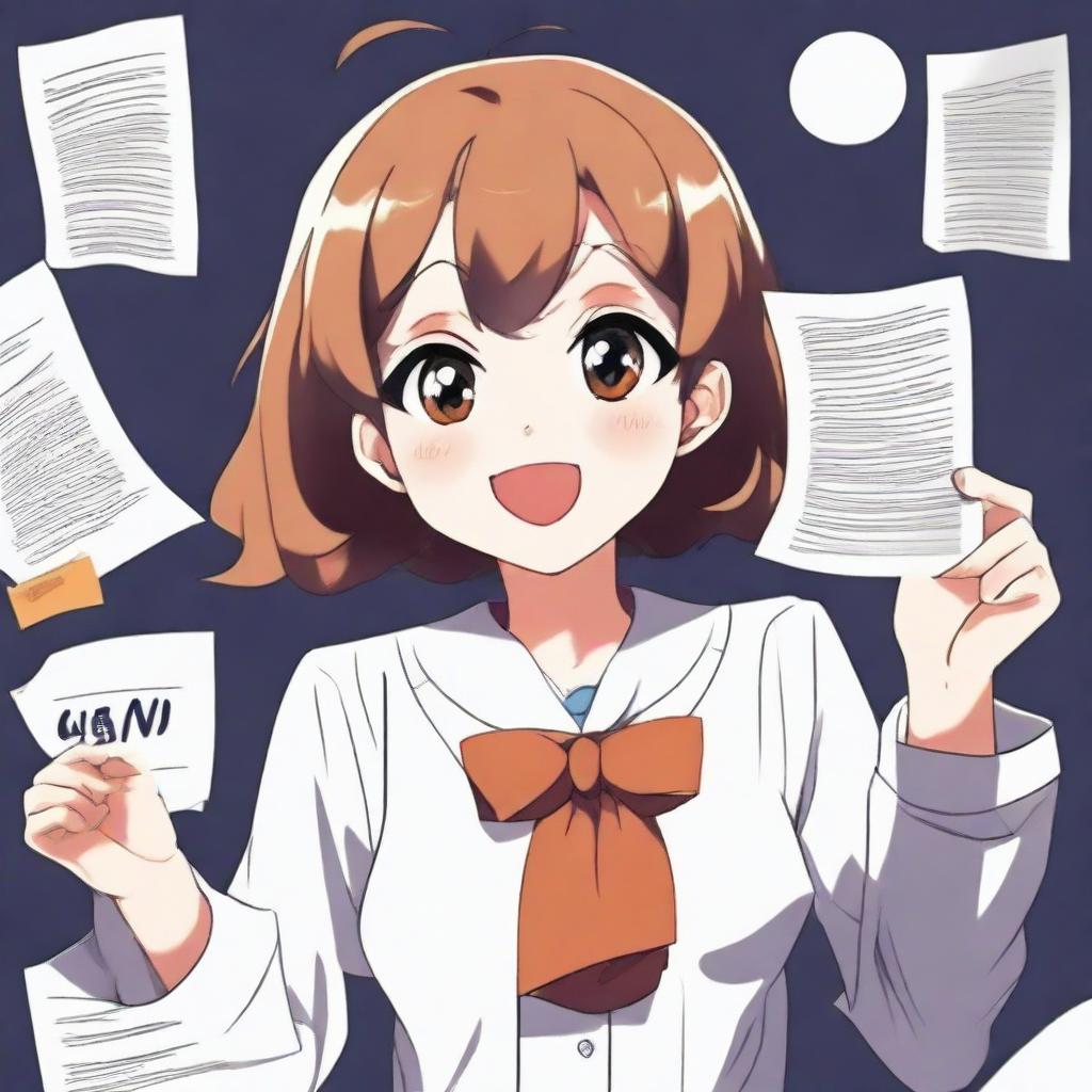 Generate an image of a delighted anime girl, her eyes gleaming with pride and her hands clapping enthusiastically for the viewer displaying an A+ exam paper.