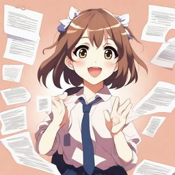 Generate an image of a delighted anime girl, her eyes gleaming with pride and her hands clapping enthusiastically for the viewer displaying an A+ exam paper.