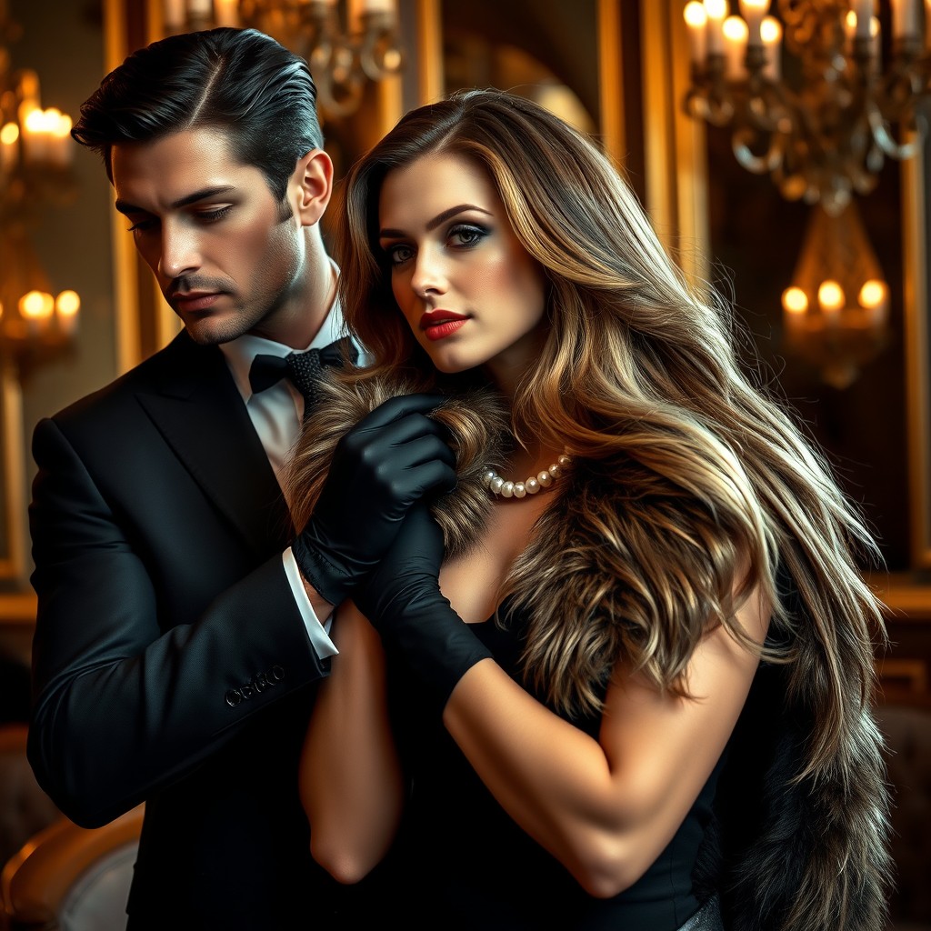 A luxurious setting featuring a handsome man in a tailored suit, elegantly draping a fur coat over the shoulder of a beautiful woman