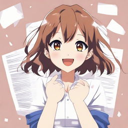 Generate an image of a delighted anime girl, her eyes gleaming with pride and her hands clapping enthusiastically for the viewer displaying an A+ exam paper.