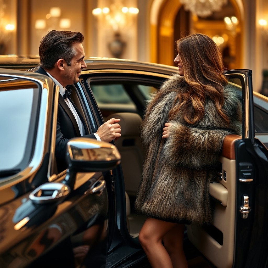 A handsome millionaire opening the door of a luxurious car for a beautiful woman with long hair, elegant attire, wearing a chic outfit and a fur coat, standing in a lavish setting