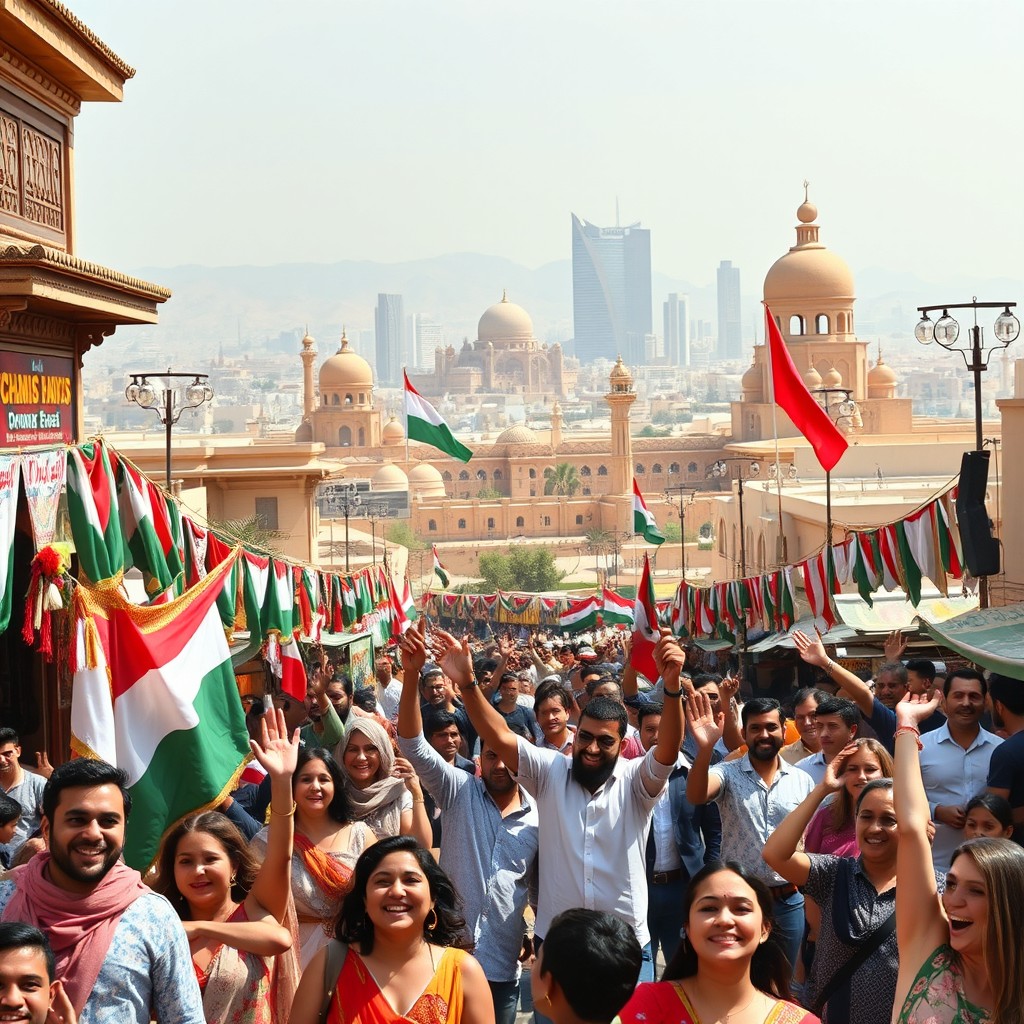 Exciting news announcement from the Middle East, capturing vibrant cultural elements like traditional architecture, bustling markets, and diverse people celebrating
