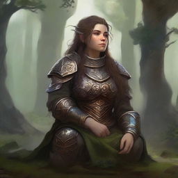 A dwarven female kineticist, ensconced in her austere heavy armor, meditates as the palpable energy of nature undulates and floats around her, manifesting her ties to the elemental forces around her.