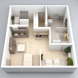 This is a high-quality 3D rendering of a meticulously planned apartment designed for one person