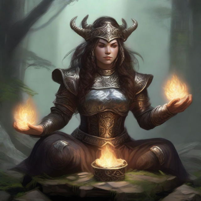 A dwarven female kineticist, ensconced in her austere heavy armor, meditates as the palpable energy of nature undulates and floats around her, manifesting her ties to the elemental forces around her.