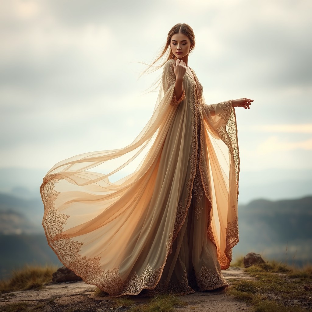 A stunning Moroccan kaftan inspired ethereal fantasy gown, featuring an intricate design with flowing fabrics in neutral and earthy tones