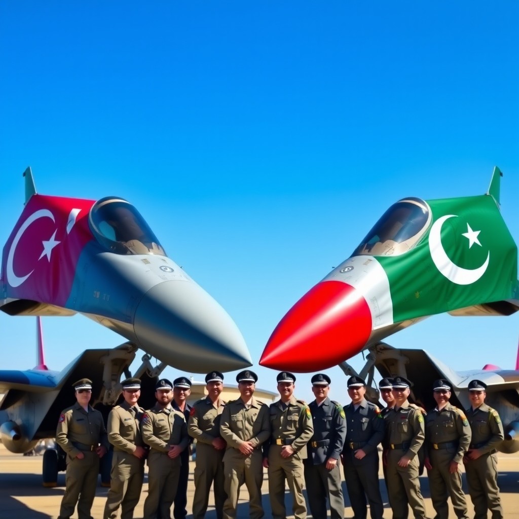 A stunning scene featuring two jet fighter planes side by side: one adorned with the Turkish flag and the other with the Pakistani flag
