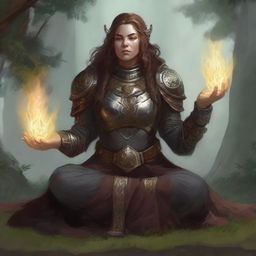 A dwarven female kineticist, ensconced in her austere heavy armor, meditates as the palpable energy of nature undulates and floats around her, manifesting her ties to the elemental forces around her.