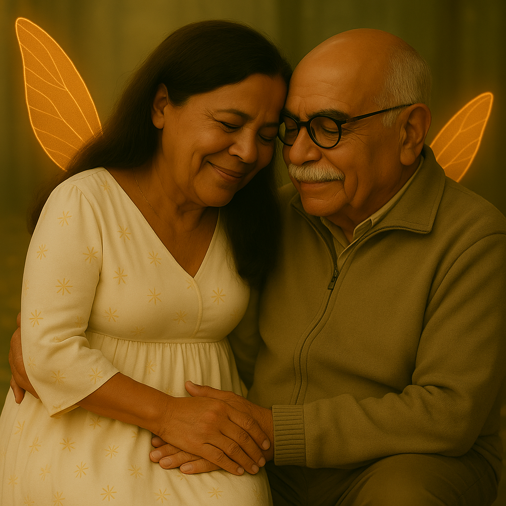 Remove the wing behind the man. Both wings should be behind the woman on the left.