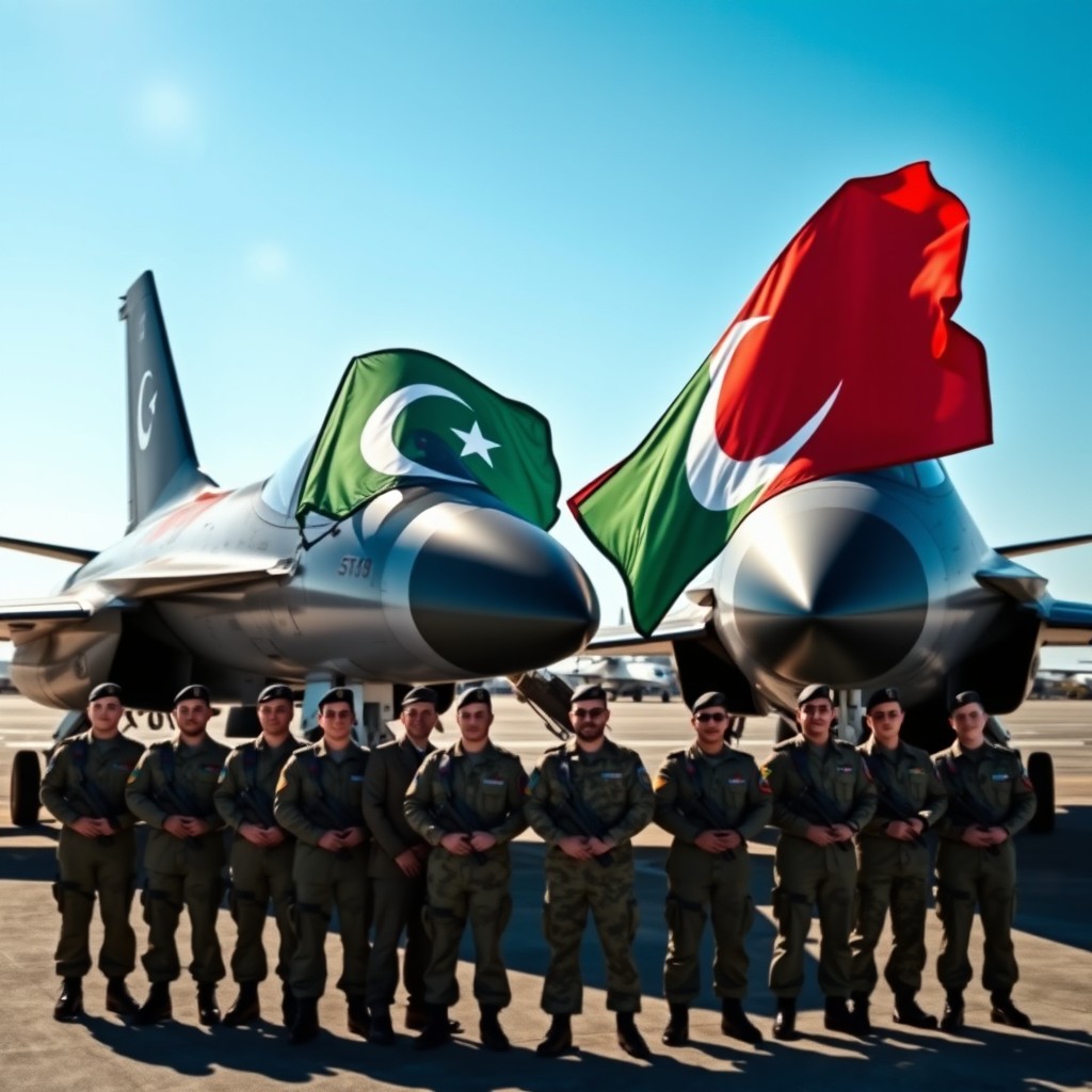 A striking image featuring two jet planes standing side by side on an airstrip, one adorned with a vibrant Turkish flag and the other showcasing a bright Pakistani flag