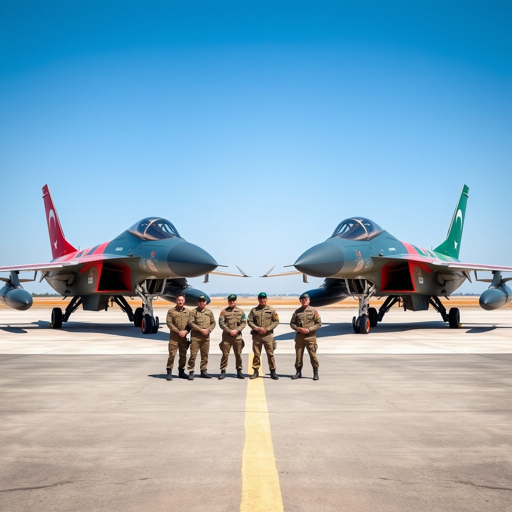 A striking scene featuring two jet planes standing side by side on a runway