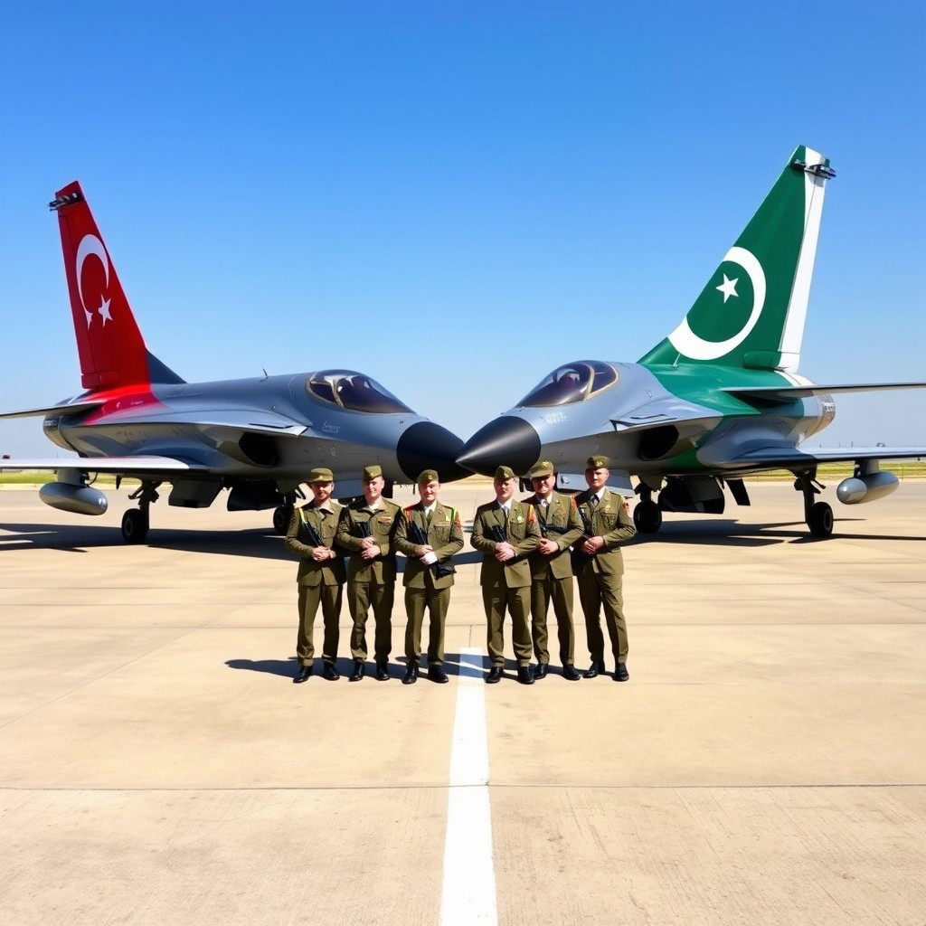 A majestic scene of two jet planes standing side by side on a runway, one adorned with a Turkish flag and the other with a Pakistani flag