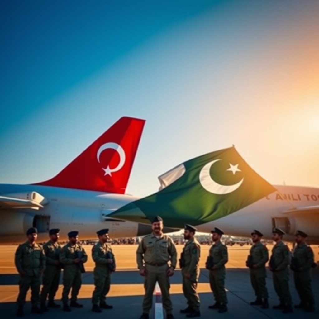 A dramatic scene depicting two jet planes parked side by side; one featuring the vibrant red Turkish flag with its iconic white star and crescent, and the other adorned with the green and white striped Pakistani flag