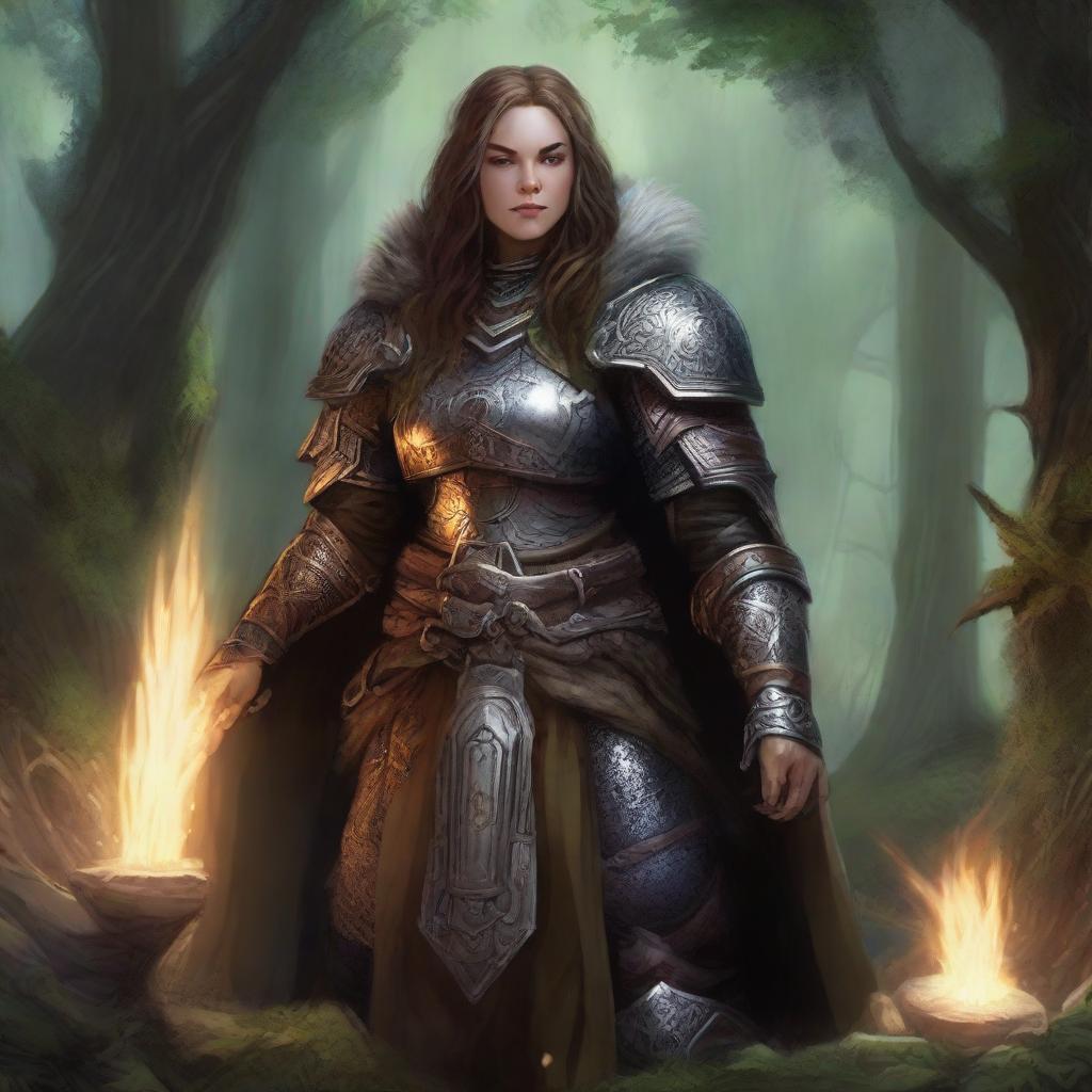 Secluded in meditation, a dwarven female kineticist cloaked in formidable heavy armor is encircled by a mesmerizing display of nature's energy that emanates and floats around her, signifying her strong elemental ties.