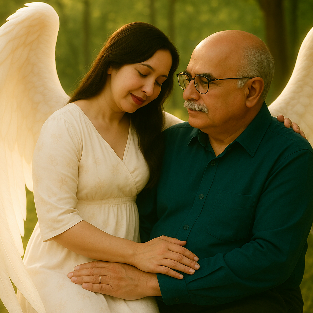A serene outdoor scene featuring a woman in a flowing white dress sitting closely beside an older man