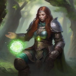 Secluded in meditation, a dwarven female kineticist cloaked in formidable heavy armor is encircled by a mesmerizing display of nature's energy that emanates and floats around her, signifying her strong elemental ties.