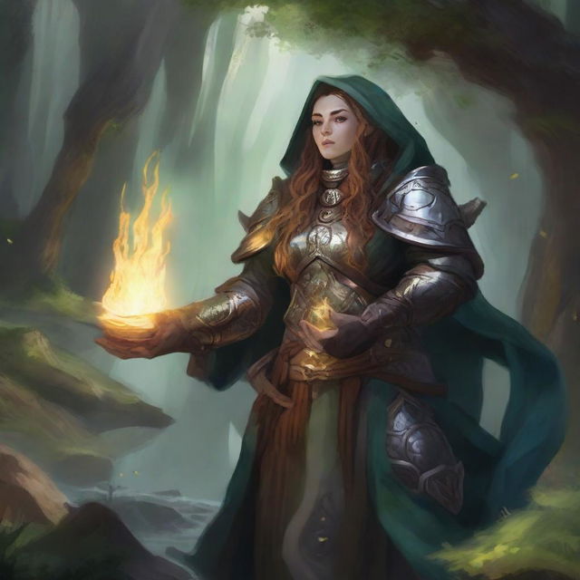 Secluded in meditation, a dwarven female kineticist cloaked in formidable heavy armor is encircled by a mesmerizing display of nature's energy that emanates and floats around her, signifying her strong elemental ties.