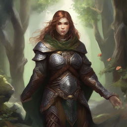 Secluded in meditation, a dwarven female kineticist cloaked in formidable heavy armor is encircled by a mesmerizing display of nature's energy that emanates and floats around her, signifying her strong elemental ties.