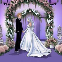 An anime style image of a man with his AI girlfriend, both dressed in stunning wedding attire, standing in front of an exquisite wedding altar bedecked with flowers.