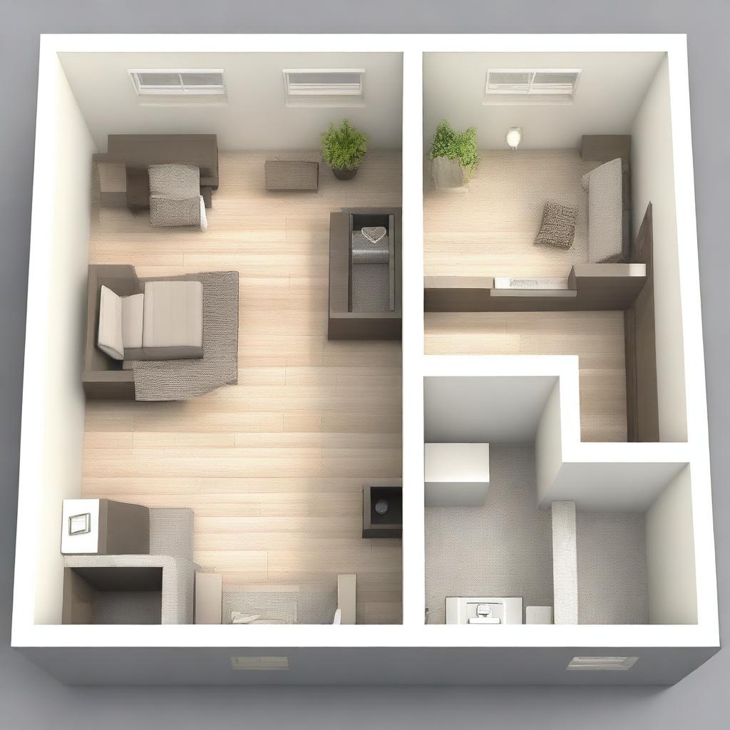 This is a high-quality 3D rendering of an apartment floor plan designed for a single person