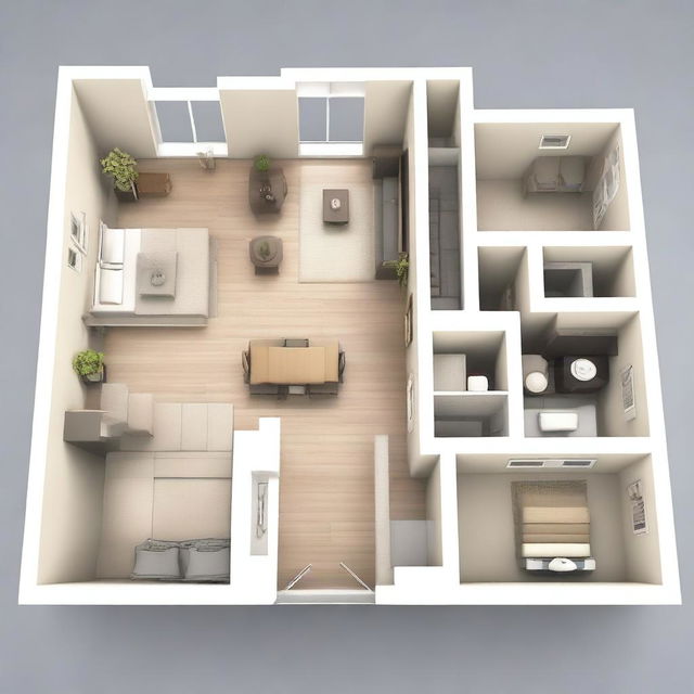 This is a high-quality 3D rendering of an apartment floor plan designed for a single person