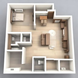 This is a high-quality 3D rendering of an apartment floor plan designed for a single person