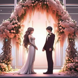 An anime style image of a man with his AI girlfriend, both dressed in stunning wedding attire, standing in front of an exquisite wedding altar bedecked with flowers.