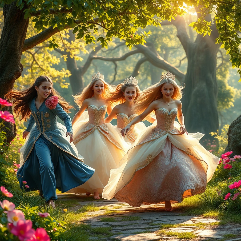 A whimsical scene depicting beautiful princesses chasing after a charming prince named Espen Askeladd