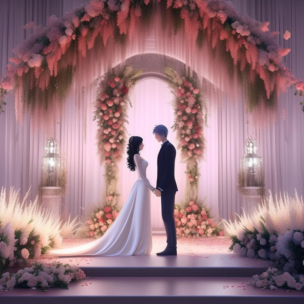 An anime style image of a man with his AI girlfriend, both dressed in stunning wedding attire, standing in front of an exquisite wedding altar bedecked with flowers.