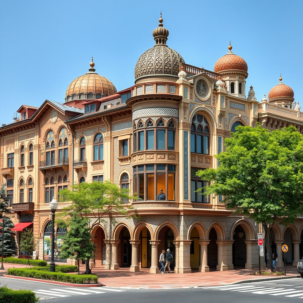 A series of beautiful Iranian architectural buildings at a square or intersection, showcasing traditional Persian design elements like intricate tile work, domes, and arches