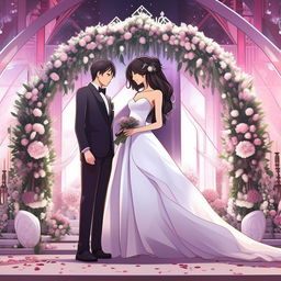 An anime style image of a man with his AI girlfriend, both dressed in stunning wedding attire, standing in front of an exquisite wedding altar bedecked with flowers.