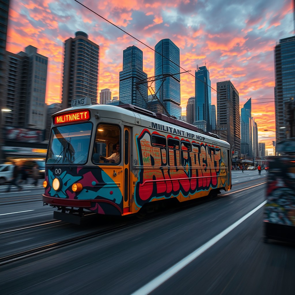 A dynamic scene featuring a speeding tram racing through an urban landscape, adorned with bold graffiti art