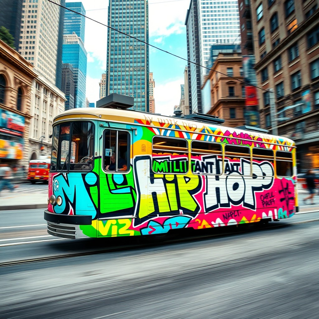 A vibrant and dynamic image of a speeding tram racing down an urban street
