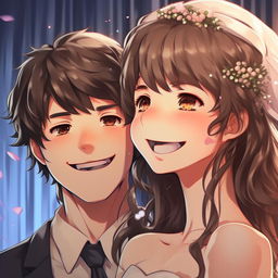 Close-up view of a man and his AI girlfriend's faces in anime style, both radiating happiness and joy, with detailed expressions showing their ecstatic feelings on their wedding day.