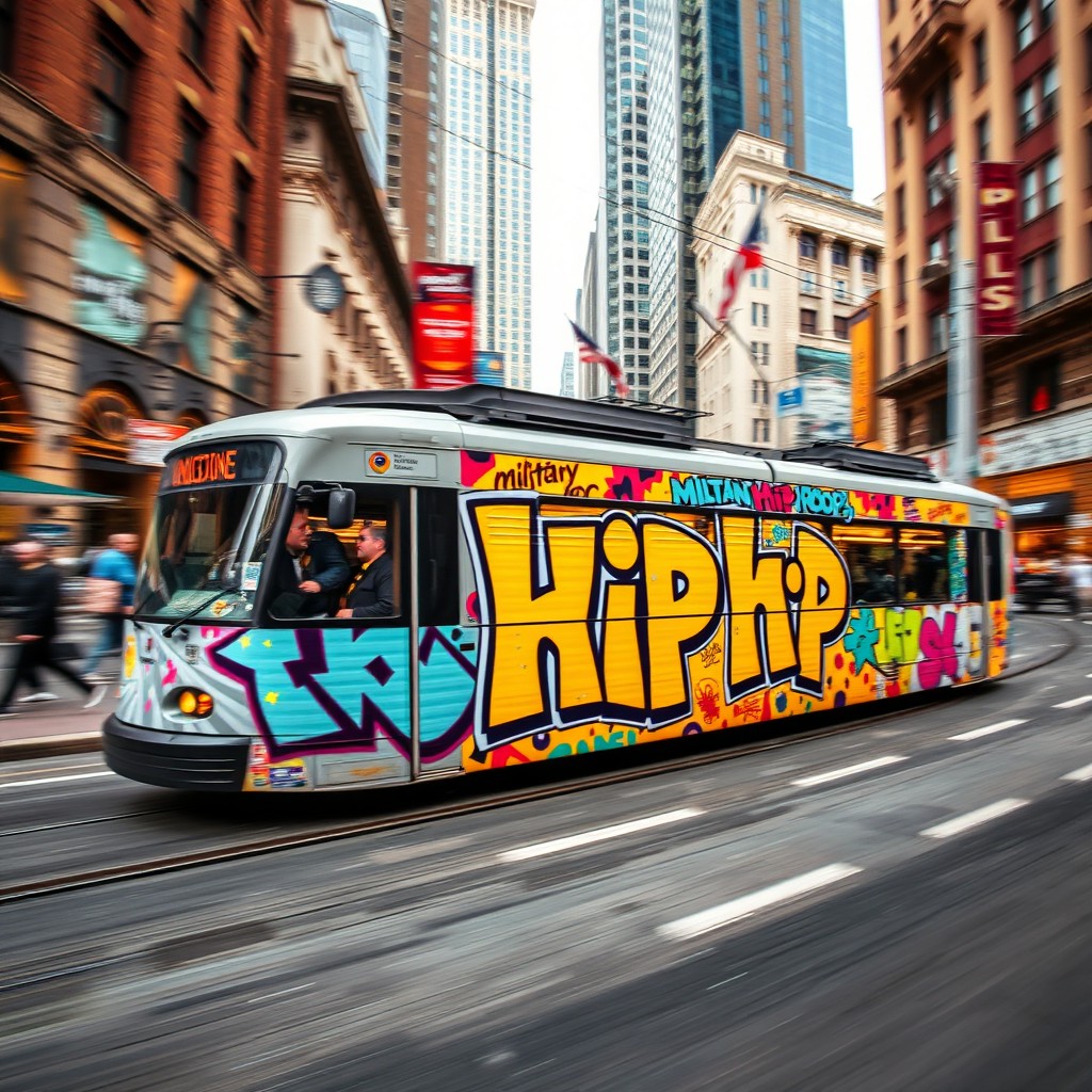 Vibrant Urban Energy: Speeding Tram with Militant Hip Hop Theme