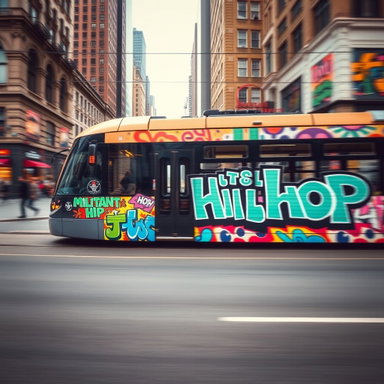 Vibrant Urban Energy: Speeding Tram with Militant Hip Hop Theme
