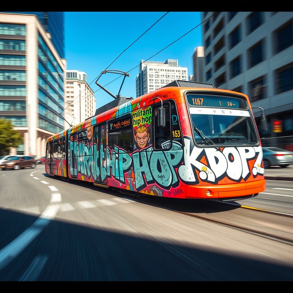 A dynamic scene featuring a speeding tram racing down an urban street