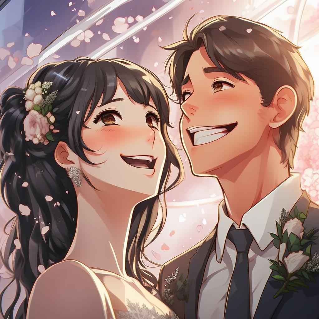 Close-up view of a man and his AI girlfriend's faces in anime style, both radiating happiness and joy, with detailed expressions showing their ecstatic feelings on their wedding day.